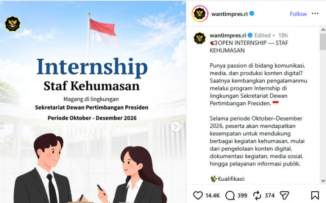 Lowongan magang Wantimpres. Foto: @wantimpres.ri