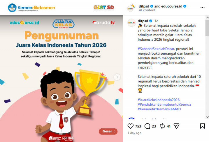 Pengumuman Juara Kelas Indonesia 2026, Ini Daftar 10 Sekolah Terpilih