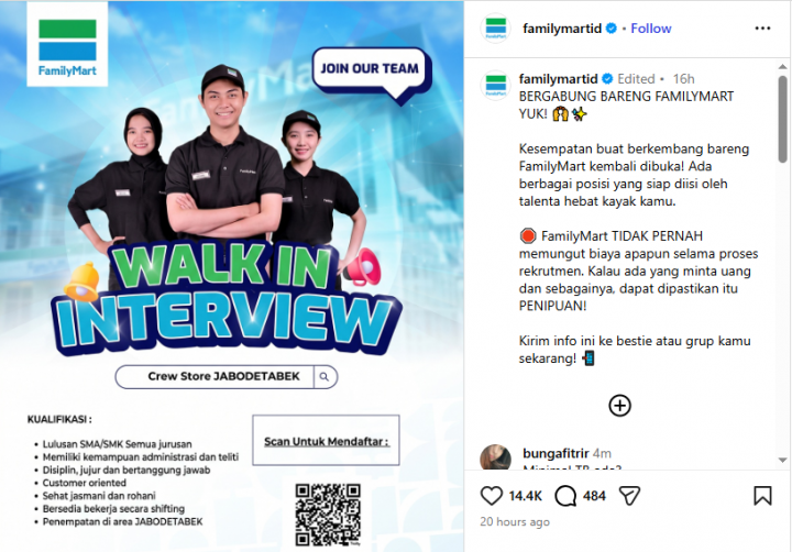 FamilyMart Buka Lowongan Crew Store 2026, Lulusan SMA/SMK Bisa Daftar