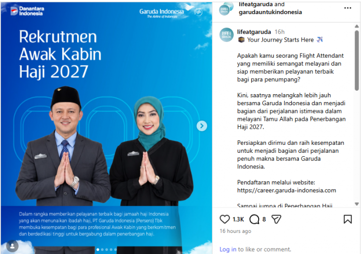 Garuda Indonesia Buka Rekrutmen Awak Kabin Haji 2027, Cek Syarat di Sini!