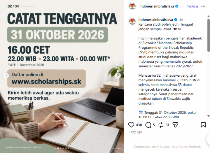 Ingin Kuliah S2-S3 di Slovakia? Cek Syarat dan Jadwal Beasiswa NSP 2026