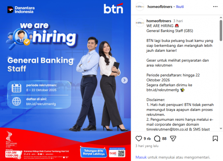 Bank BTN Buka Rekrutmen GBS 2026, Cek Syarat dan Cara Daftarnya!