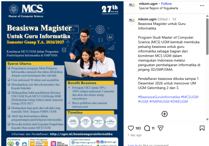 Potongan UKT Hingga 100%, UGM Buka Beasiswa S2 untuk Guru Informatika