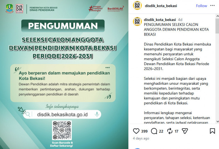 Pendaftaran Calon Anggota Dewan Pendidikan Bekasi 2026 Dibuka, Ini Syarat Lengkapnya!