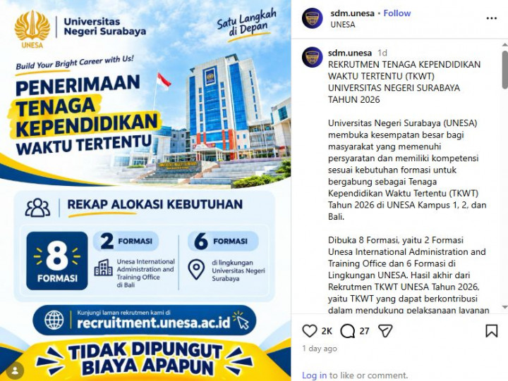 Lowongan Kerja Tenaga Kependidikan Unesa 2026: Cek Posisi dan Syaratnya!