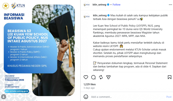 PNS Merapat! Kesempatan Kuliah S2 Gratis di LKYSPP NUS Singapura, Cek Syaratnya