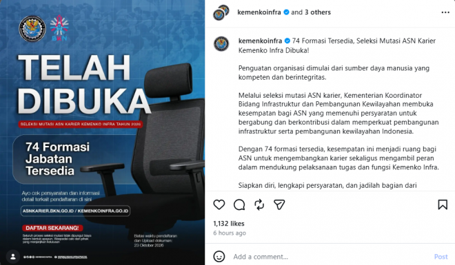 Lowongan Kerja Kemenko Infra 2026. DOK Instagram @kemenkoinfra