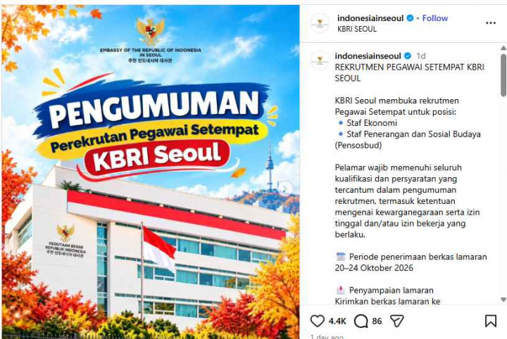 KBRI Seoul Buka Rekrutmen Pegawai Setempat 2026, Cek Syarat dan Jadwalnya!