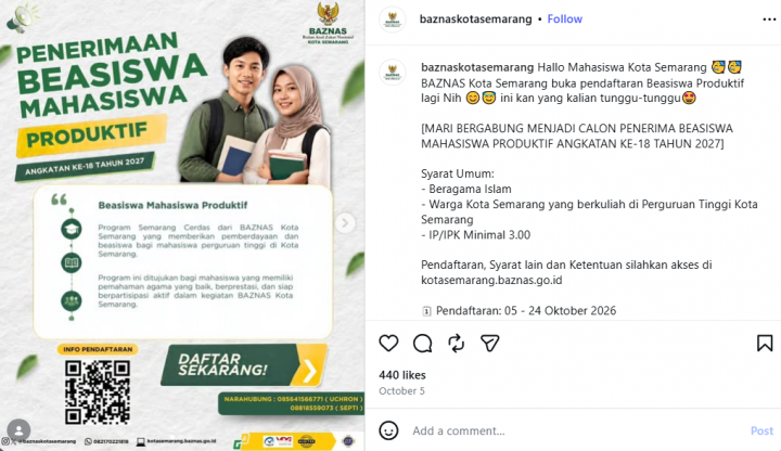 Beasiswa Baznas Kota Semarang Masih Dibuka, Cek Syarat dan Cara Daftar!