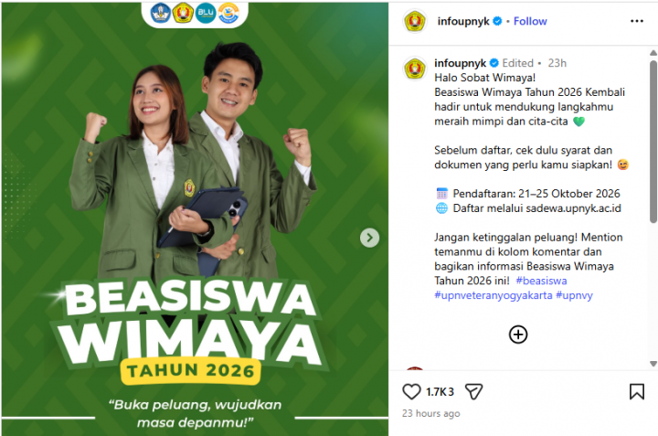 Beasiswa Wimaya UPN Veteran Yogyakarta 2026 Dibuka, Cek Syarat dan Jadwalnya!