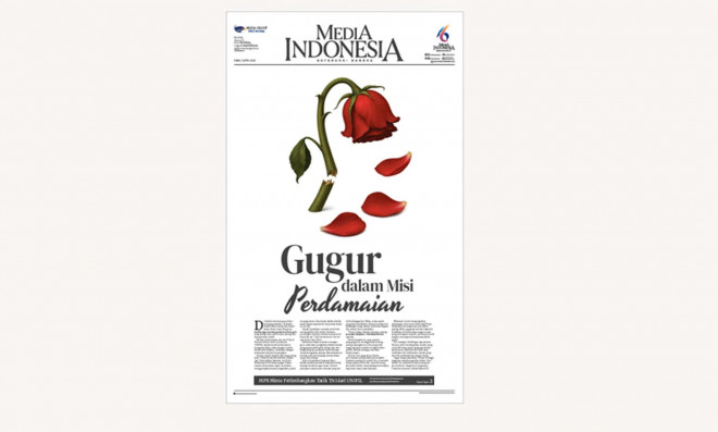 Media Indonesia meraih penghargaan WAN-IFRA Asian Media Awards melalui cover tentang gugurnya tiga prajurit TNI di Libanon.(MI/Briyan)