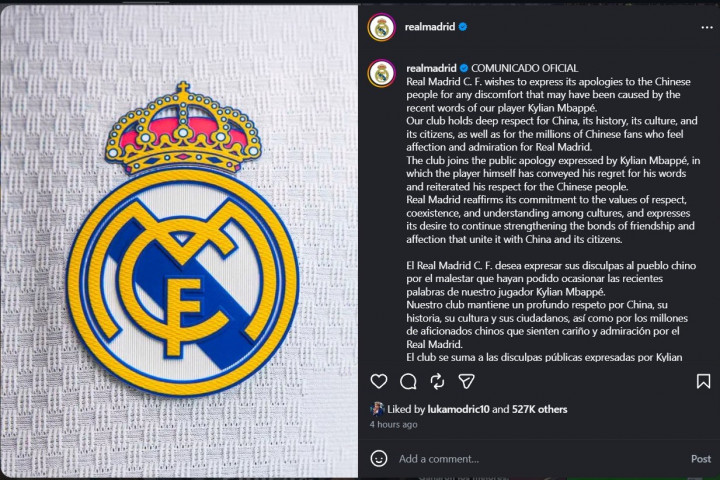 Real Madrid Minta Maaf kepada Tiongkok Gegara Kontroversi Mbappe