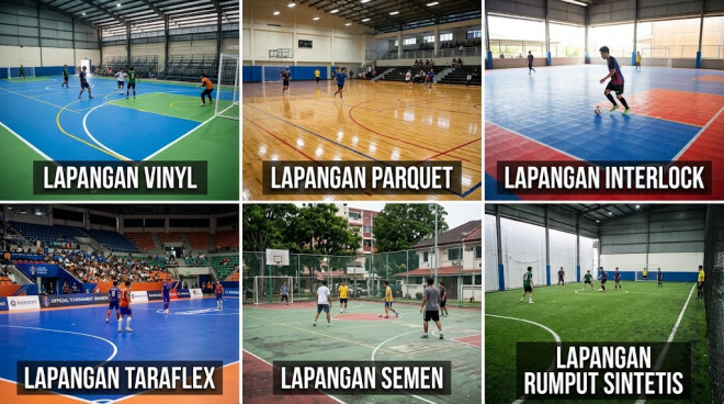 Ilustrasi lapangan futsal memiliki beragam jenis permukaan, mulai dari vinyl dan kayu hingga interlock dan rumput sintetis. Foto: Gemini Ai