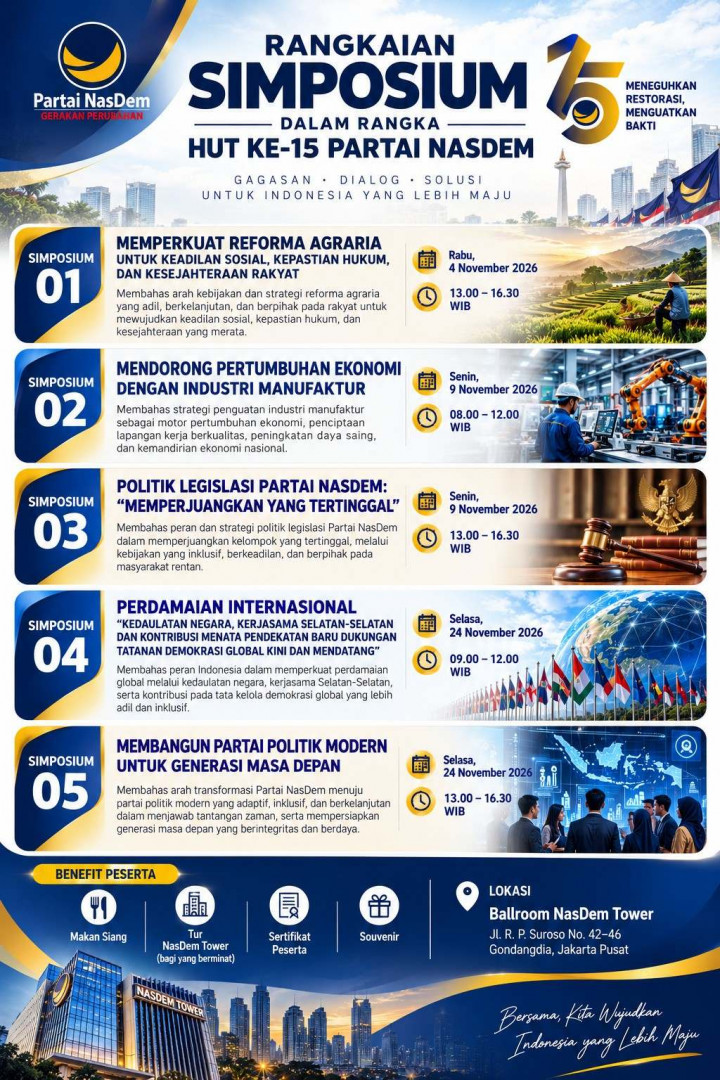 NasDem Hadirkan Lima Simposium Jelang HUT ke-15, dari Reforma Agraria hingga Partai Politik Modern