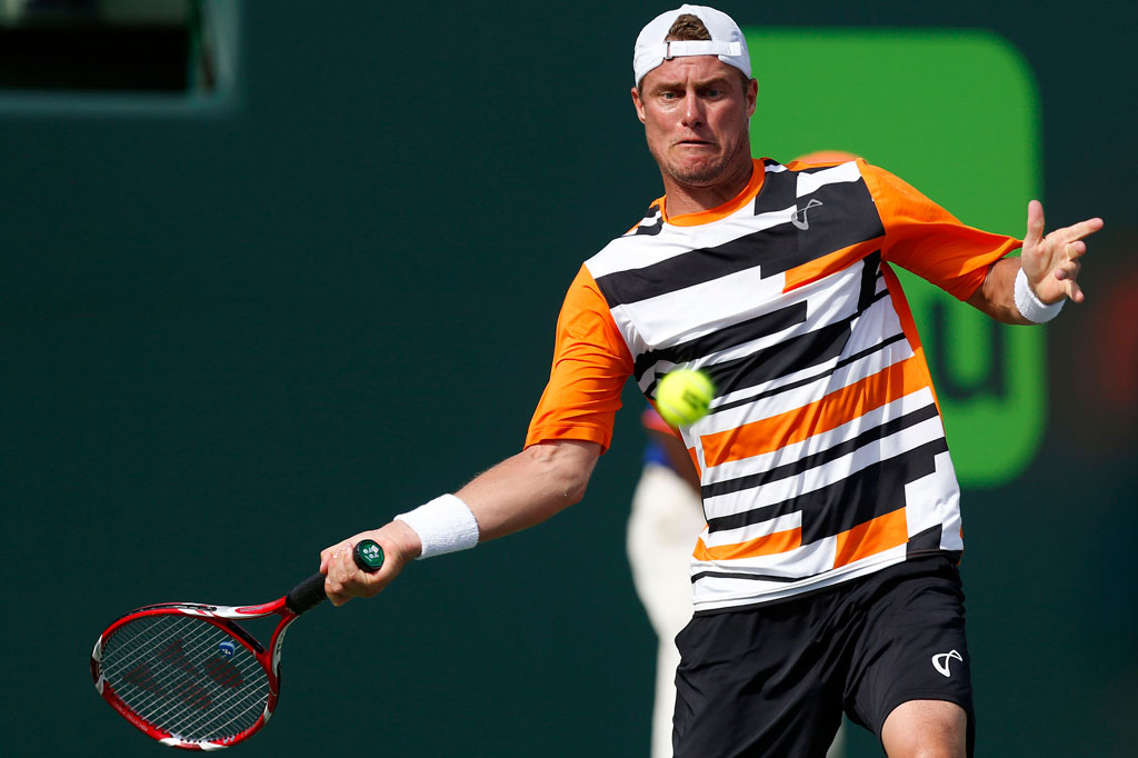 Para bintang tenis dunia, di antaranya Lleyton Hewitt, beraksi saat mengikuti pertandingan di hari keempat Kejuaraan Tenis Sony Terbuka 2014 di Crandon Tennis Center, Miami, AS, Kamis (20/3).