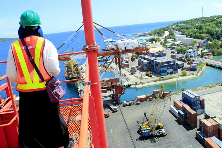 Seorang petugas dari PT Pelabuhan Indonesia (Pelindo) III Persero Cabang Kupang memantau dari ketinggian aktivitas bongkar muat di pelabuhan Tenau Kupang, NTT Kamis (7/4/2016)