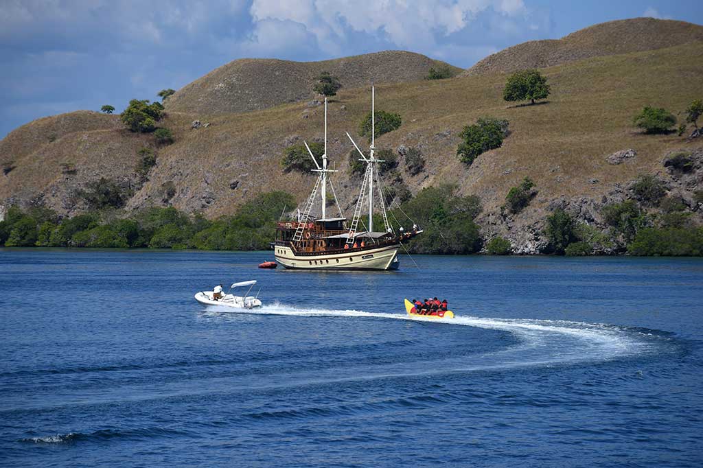Wisatawan bermain olah raga air 'banana boat' di kawasan perairan Taman Nasional Komodo
