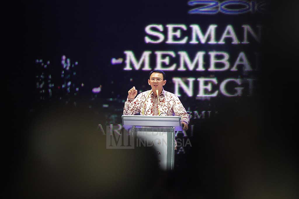 Ahok memberikan sambutan saat membuka acara Jakarta Fair 2016.