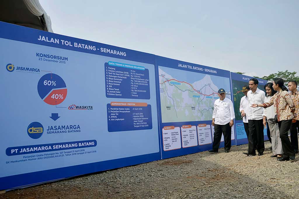 Presiden didampingi Ibu Negara Iriana Joko Widodo, bersama Basuki Hadimuldjono, Rini Soemarno serta Kepala Badan Pengatur Jalan Tol (BPJT) Herry Trisaputra Zuna (kedua kiri) melihat peta Pembangunan (groundbreaking) Tol Pemalang-Batang dan Batang-Semarang.