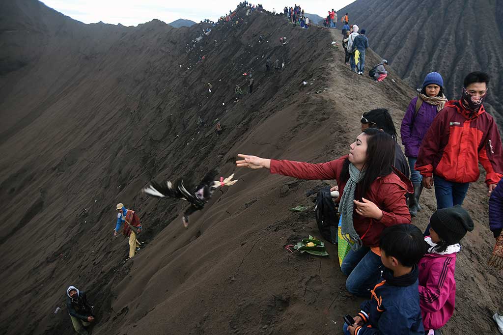 Umat Hindu Tengger melarung ayam hasil ternaknya pada ritual labuh sesaji ke kawah Gunung Bromo.