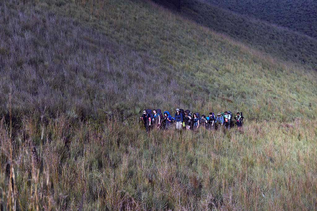 Pendaki melintasi perbukitan saat perjalanan menuju puncak Gunung Semeru, Malang, Jawa Timur, Sabtu (30/7/2016).