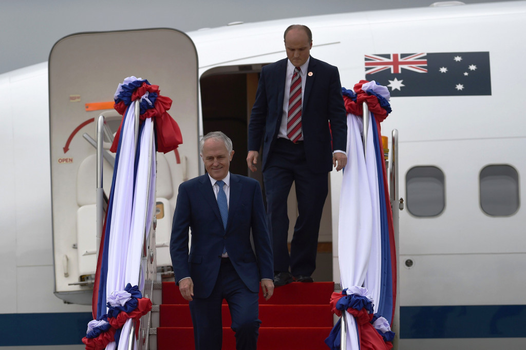 PM Australia Malcolm Turnbull hadir sebagai peninjau. Lebih satu dekade terakhir Australia semakin  mendekatkan diri -secara politik dan ekonomi- kepada ASEAN. AFP PHOTO / YE AUNG THU