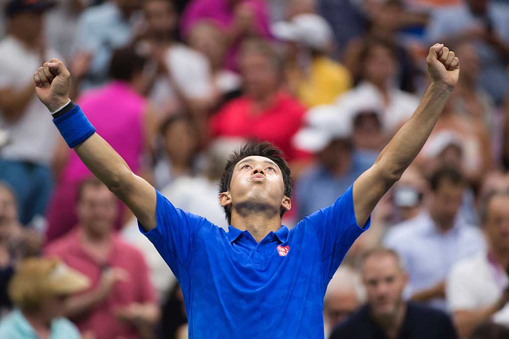 Nishikori melakukan selebrasi usai menundukkan Murray.