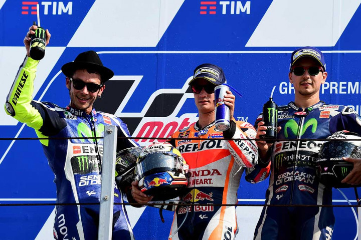 Hasil lengkap Moto GP San Marino, Dani Pedrosa finis di peringkat pertama, disusul Valentino Rossi di urutan kedua, di depan rekannya sesama pebalap Yamaha yang juga juara bertahan Jorge Lorenzo.