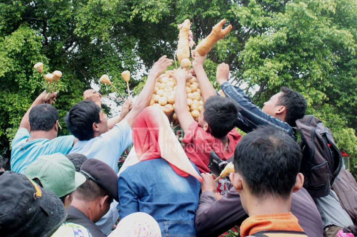 Warga berebut gunungan hasil bumi.