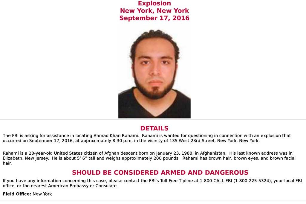 Rahami diyakini memiliki kaitan dengan tiga insiden, termasuk pengeboman di daerah Chelsea di Manhattan, Kota New York, pada Sabtu (17/9/2016) malam, yang melukai 29 orang.