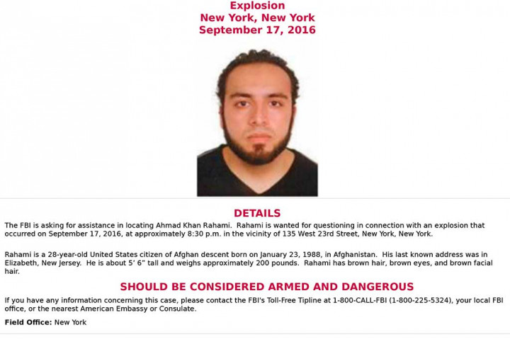 Rahami diyakini memiliki kaitan dengan tiga insiden, termasuk pengeboman di daerah Chelsea di Manhattan, Kota New York, pada Sabtu (17/9/2016) malam, yang melukai 29 orang.