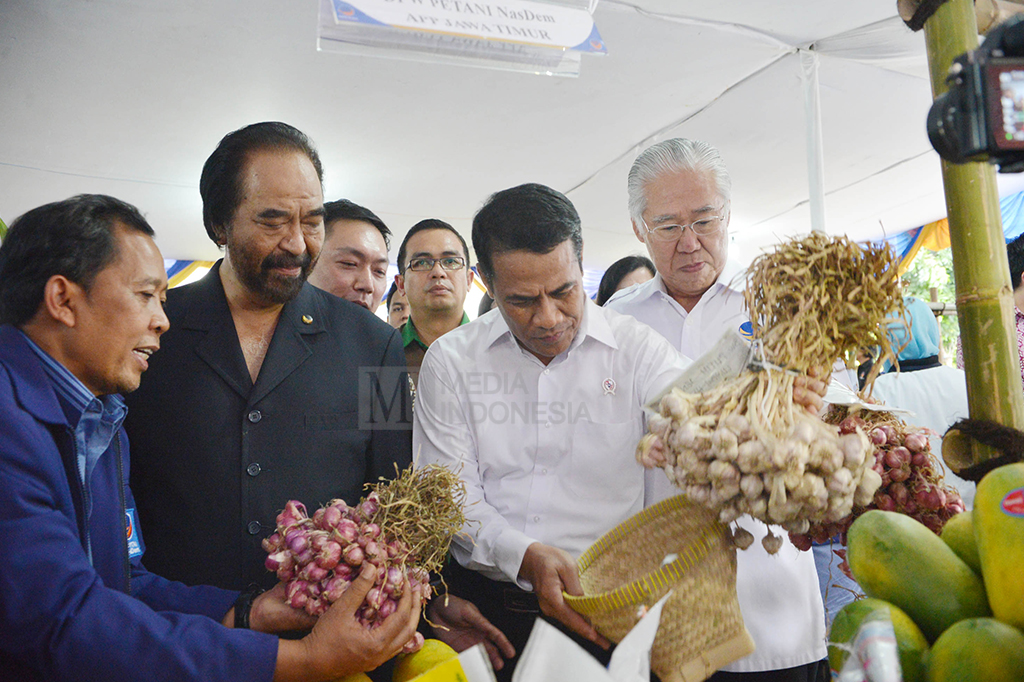 Surya Paloh (kedua kiri) bersama Menteri Perdagangan Enggartiasto Lukita (kanan), Menteri Pertanian Andi Amran Sulaiman (kedua kanan), dan Ketua Petani NasDem Syaiful Bahari (kiri) menghadiri pembukaan rakernas Petani NasDem di Jakarta, Kamis (22/9/2016).