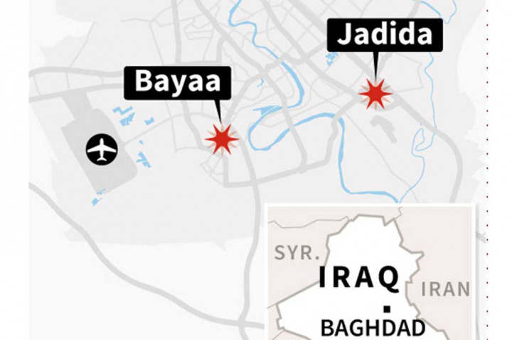 Bom mengguncang wilayah Jadida, timur Kota Baghdad dan Bayaa, selatan Baghdad, Selasa. Bom di Jadida menewaskan delapan orang, sementara sembilan orang tewas di Bayaa.