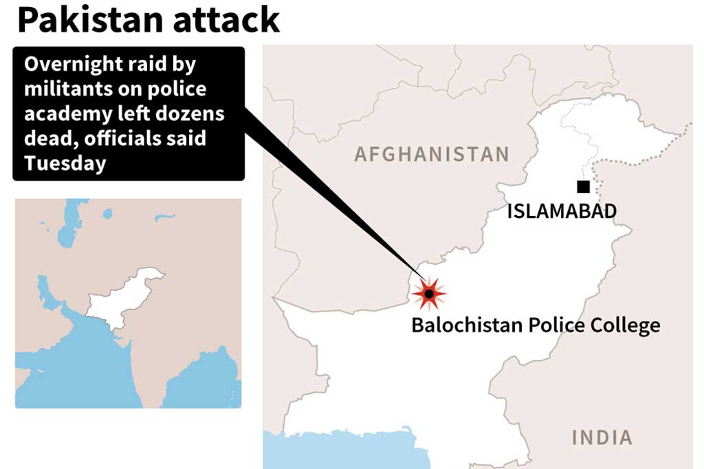 Serangan terhadap Balochistan Polisi College, sekitar 20 kilometer timur ibu kota provinsi Quetta, terjadi Senin sekitar pukul 23:10 (1810 GMT), dengan tembakan terus-menerus di lokasi selama beberapa jam.