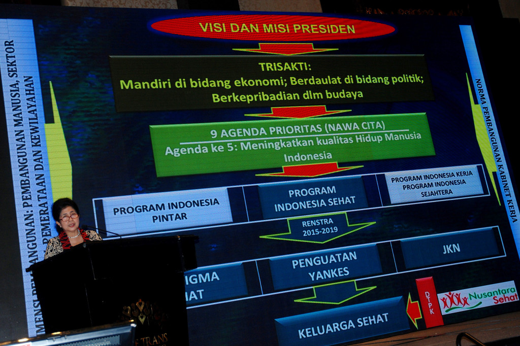 Menteri Kesehatan Nila Djuwita F. Moeloek memaparkan materi pada Musyawarah Nasional (Munas) Gabungan Perusahaan Farmasi Indonesia (GPFI) XV 2016 di Bandung, Jawa Barat, Senin (24/10/2016)