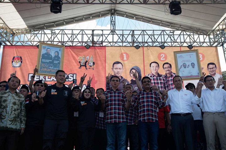 Tiga pasangan cagub/cawagub DKI Jakarta Agus Harimurti Yudhoyono-Sylviana Murni, Basuki Tjahaja Purnama-Djarot Saiful Hidayat Anies Baswedan-Sandiaga Uno mengucapkan deklarasi kampanye damai dan berintegritas secara bersama-sama.