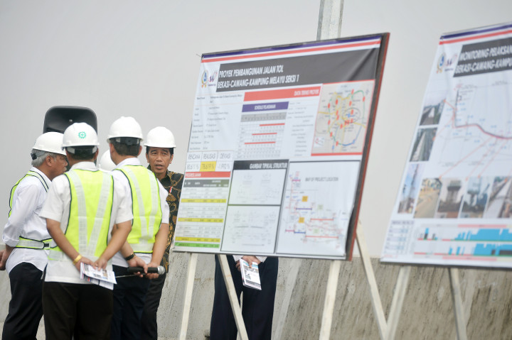 Presiden Jokowi (kanan) bersama Menteri PU Basuki Hadimuljono (kiri) meninjau proyek pembangunan jalan Tol Bekasi-Cawang-Kampung Melayu (Becakayu) seksi 1, di Jalur Kalimalang Jakasampurna Bekasi, Jawa Barat, Senin (7/11/2016)