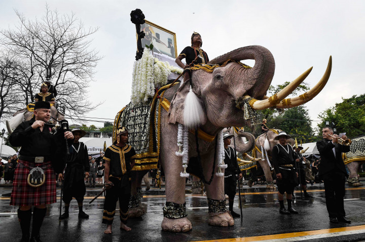 Barisan gajah Ayutthaya bersama pawang menuju Grand Palace, tempat jenazah Raja Bhumibol Adulyadej disemayamkan, Selasa (8/11/2016).