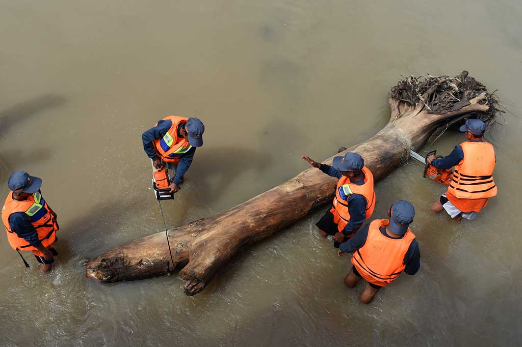 Petugas memotong kayu yang melintang di sungai untuk kemudian dievakuasi untuk mengantisipasi banjir.