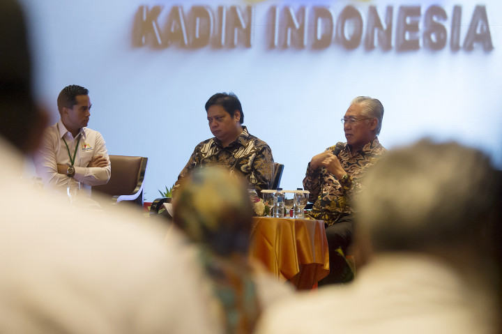 Menteri Perdagangan Enggartiasto Lukita (kanan), Menteri Perindustrian Airlangga Hartarto (tengah) dengan moderator Wakil Ketua Umum Kadin Indonesia Anindya Bakrie menjadi pembicara dalam sesi diskusi panel Rapimnas Kadin Indonesia 2016.