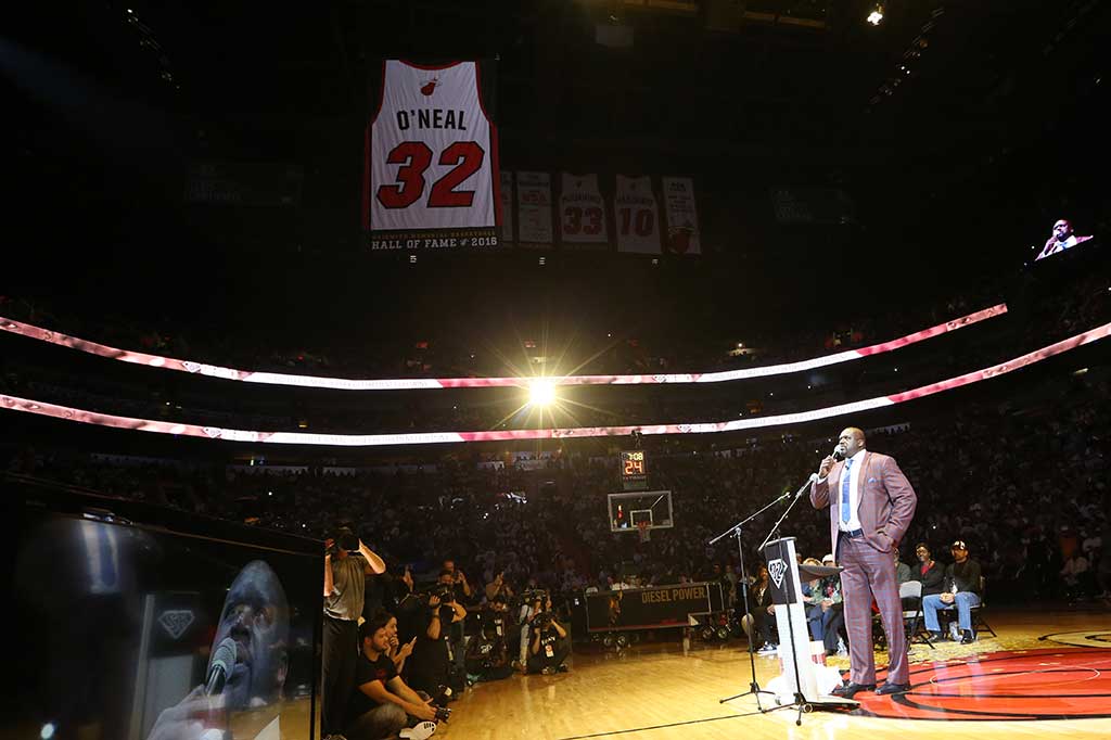O'Neal menjadi pemain ketiga Miami yang dipensiunkan jerseynya setelah Alonzo Mourning dan Tim Hardaway.