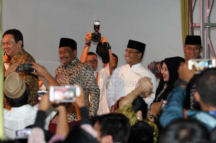 Para cagub-cawagub DKI Jakarta (dari kiri) Basuki Tjahaja Purnama, Djarot Saiful Hidayat, Anies Baswedan, Sylviana Murni dan Agus Harimurti Yudhoyono hadir di acara haul ke-7 Gus Dur.