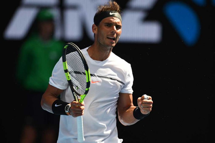 Nadal melakukan selebrasi usai mengalahkan Mayer tiga set langsung dalam waktu dua jam.