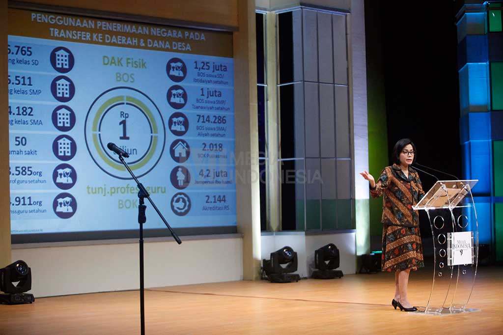 Menkeu Sri Mulyani menyampaikan kuliah umum Menteri Keuangan dalam rangka HUT ke-47 Media Indonesia di Grand Studio Metro TV, Jakarta, Kamis.