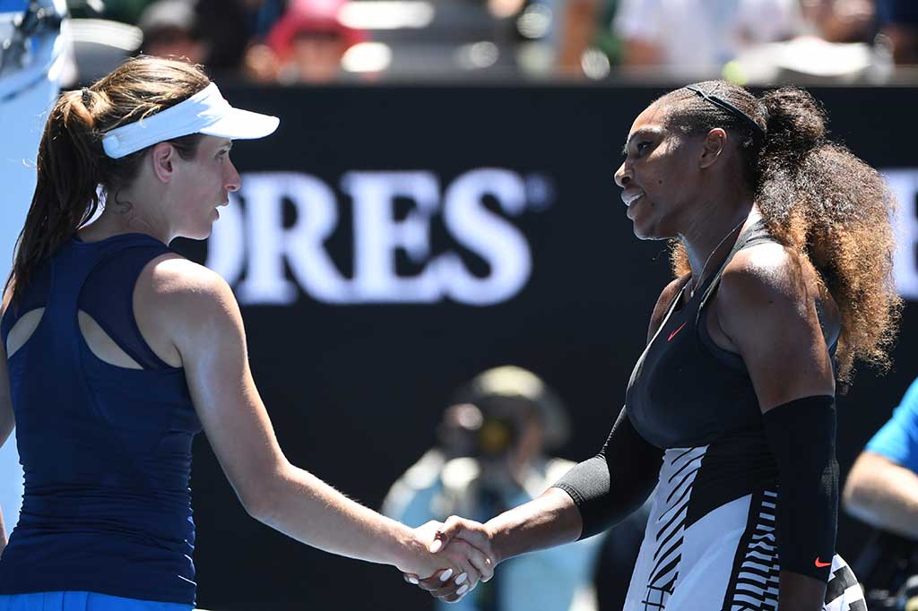 Petenis AS berusia 35 tahun itu melepaskan 10 'ace' dan 25 'winner' selama 75 menit pertandingan di Rod Laver Arena, untuk menundukkan Konta dua set langsung.