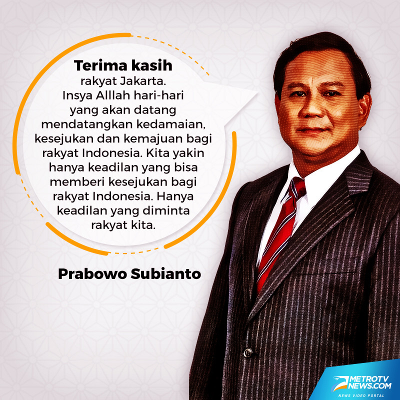 Karena Pilkada khususnya di DKI ini menjadi simbol pertarungan antara yang ingin memperjuangkan keadilan, kebenaran dan kejujuaran, dan yang ingin membuktikan bahwa uang bisa menjajah rakyat Indonesia, kata Prabowo usai melihat hasil hitung cepat berbagai lembaga survei.