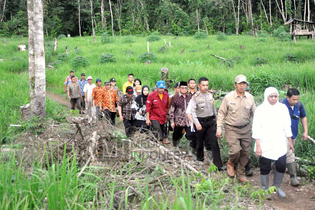 Mensos Khofifah Indar Parawansa, didampingi Wagub Jambi Fachrori Umar, Plt Bupati Sarolangun Arif Munandar bersama rombongan saat akan meresmikan 23 unit rumah bantuan Kemensos untuk Suku Anak Dalam Jambi.