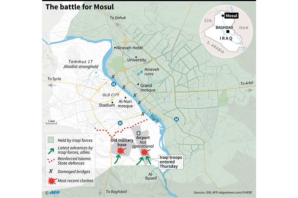 Mosul, yang berada pada 400 kilometer sebelah utara ibu kota negara Irak, Baghdad, berada dalam kendali IS sejak Juni 2014.