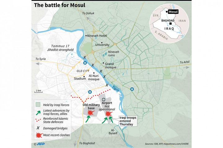 Mosul, yang berada pada 400 kilometer sebelah utara ibu kota negara Irak, Baghdad, berada dalam kendali IS sejak Juni 2014.