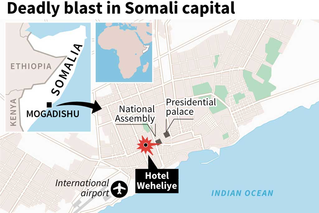 Bom mobil bunuh diri meledak di dekat Hotel Weheliye pada jam sibuk, menewaskan sedikitnya lima orang dan melukai 12 lainnya.